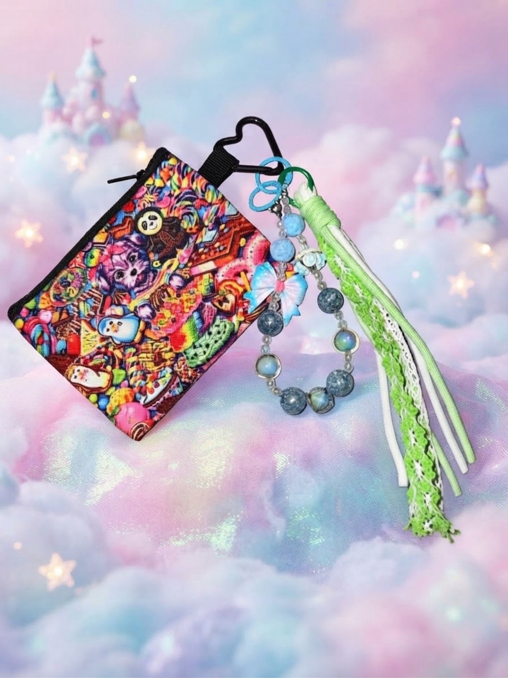 Lisa Frank Kids Multi-Color Zipper Pouch Keychain with Green Tassel